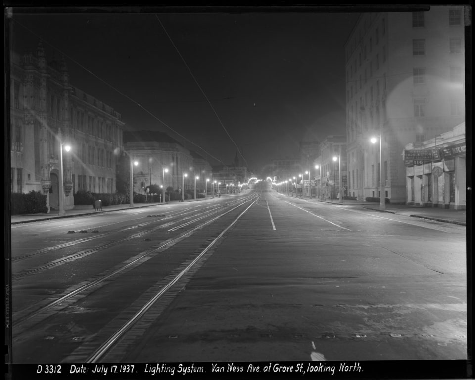 Outdoor Night Shot Looking North on Van Ness Avenue at Fell Street Towards Street Lighting | July 17, 1937 (photo courtesy Beyond Chron)