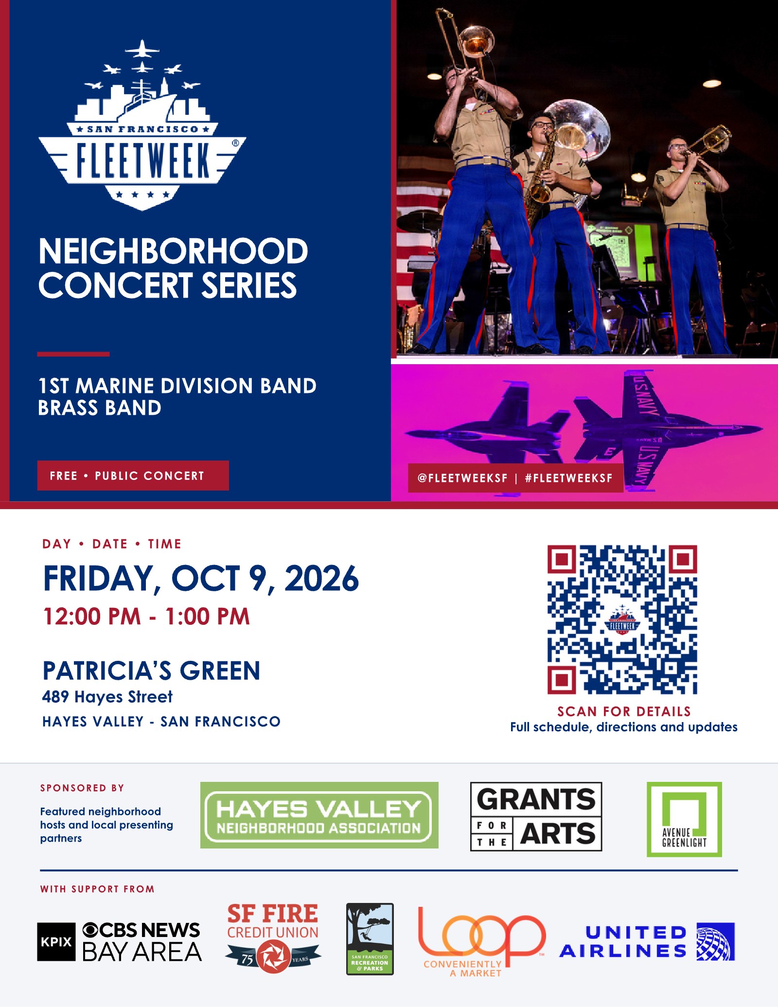 Poster for the SF Fleet Week Neighborhood Concert Series: 1st Marine Division Brass Band, Friday October 9 2026, 12–1pm at Patricia’s Green, 489 Hayes Street, Hayes Valley