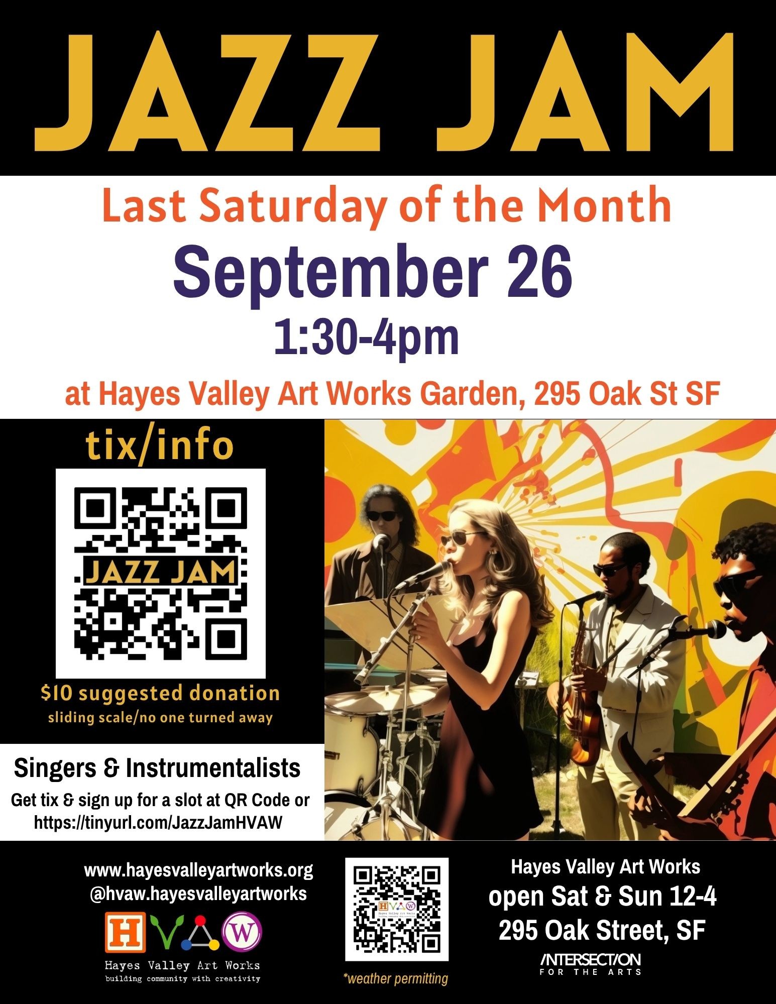 Poster for Jazz Jam, Saturday September 26, 2026, 1:30-4pm at Hayes Valley Art Works Garden, 295 Oak Street, San Francisco