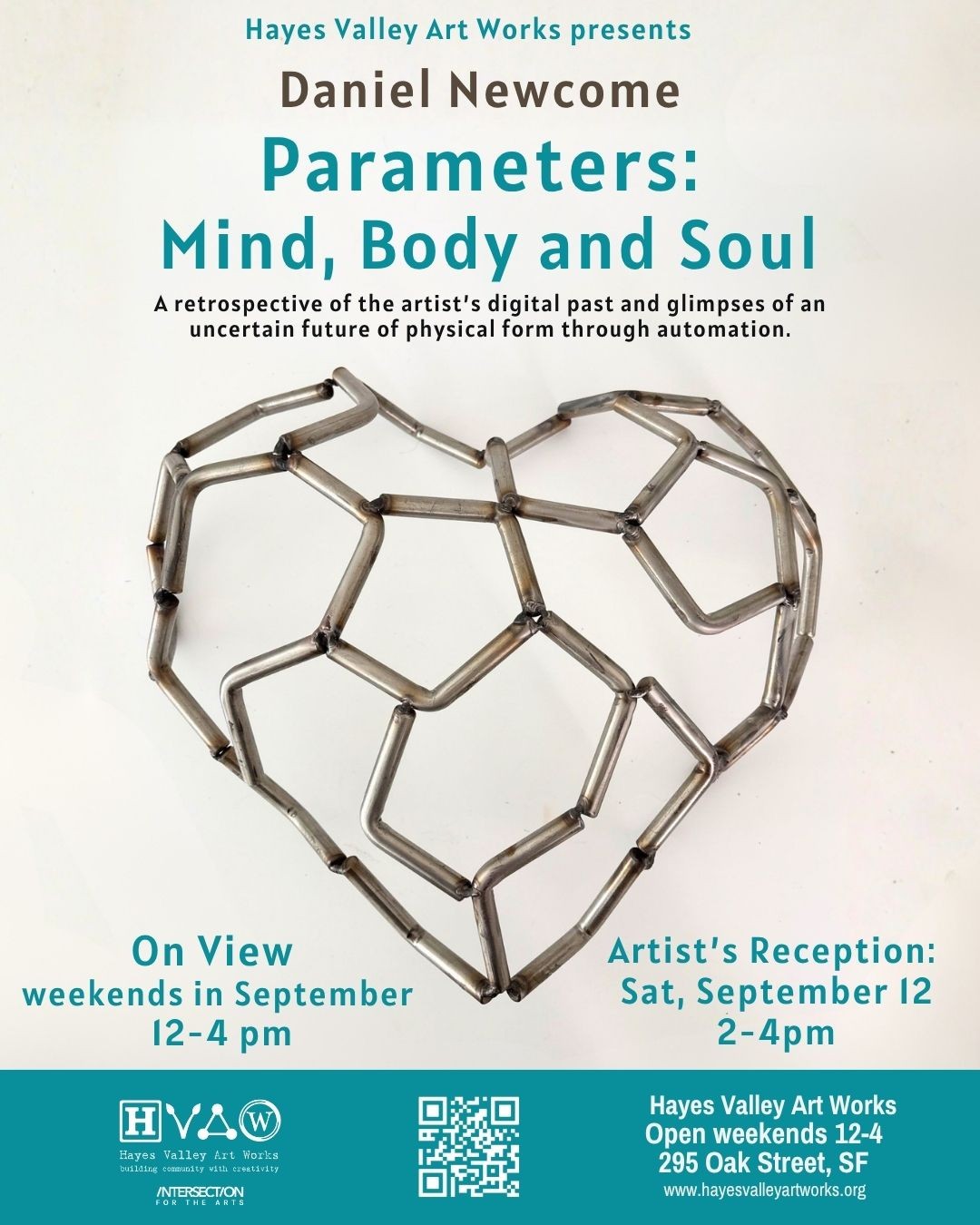 Poster for Daniel Newcome, Parameters: Mind, Body and Soul, at Hayes Valley Art Works, 295 Oak Street, San Francisco, artist reception Saturday September 12, 2026