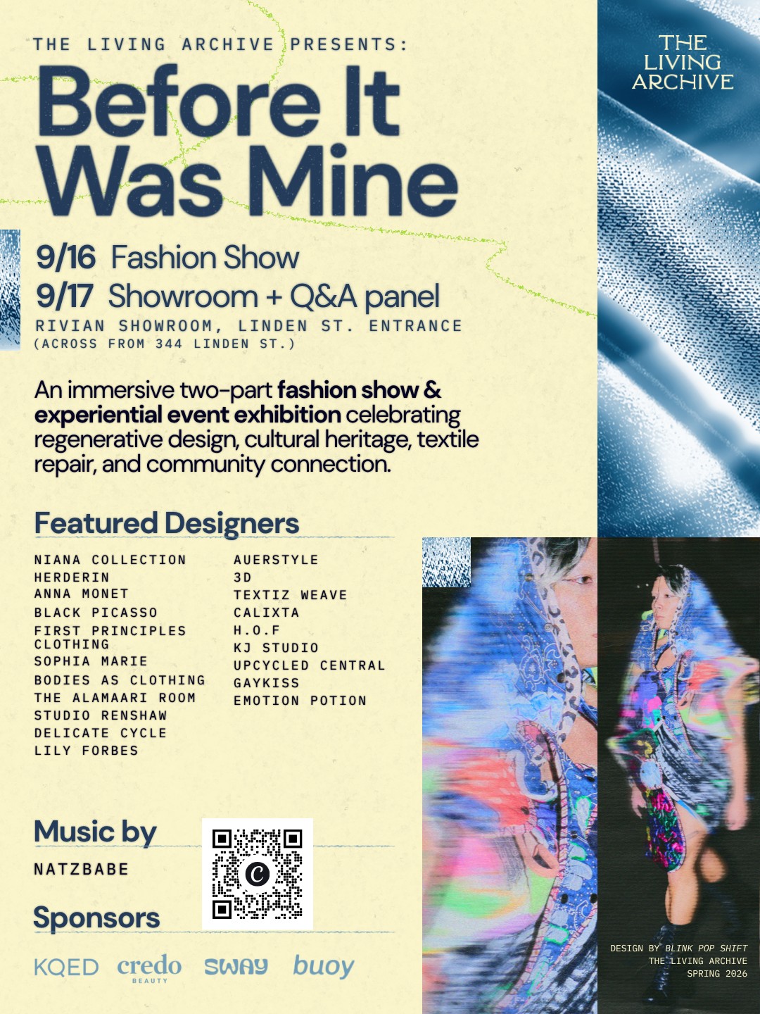 Poster for The Living Archive: Before It Was Mine fashion show and showroom, September 16 and 17 at the Rivian showroom